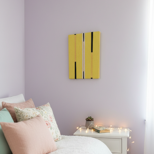Yellow abstract textile art on bedroom wall.