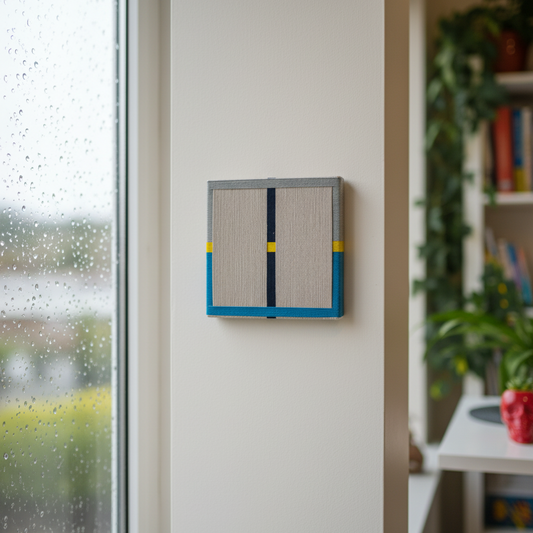 A rectangular textile wall art made from 100% cotton, featuring a neutral color with geometric patterns in black, blue, and yellow, displayed on a white surface with a plant in the background.